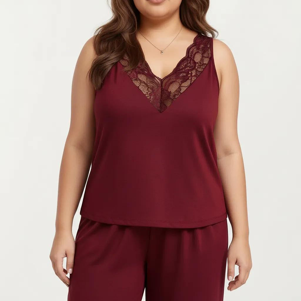 Anna-Kaci Women's Plus Size 2-Piece Set Lace Trim Camisole Top and Pants Matching Lounge Set Sleeveless V Neck