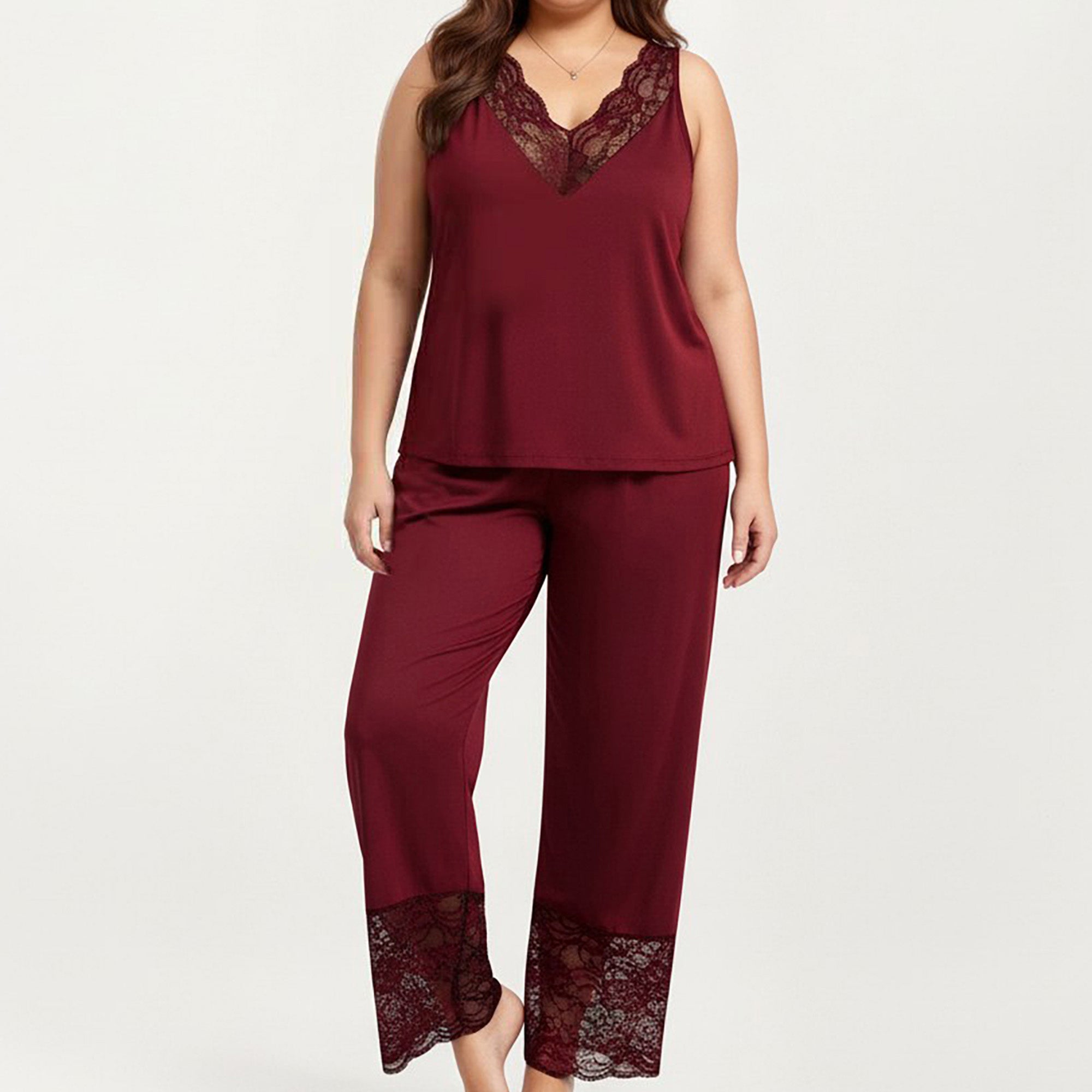 Anna-Kaci Women's Plus Size 2-Piece Set Lace Trim Camisole Top and Pants Matching Lounge Set Sleeveless V Neck