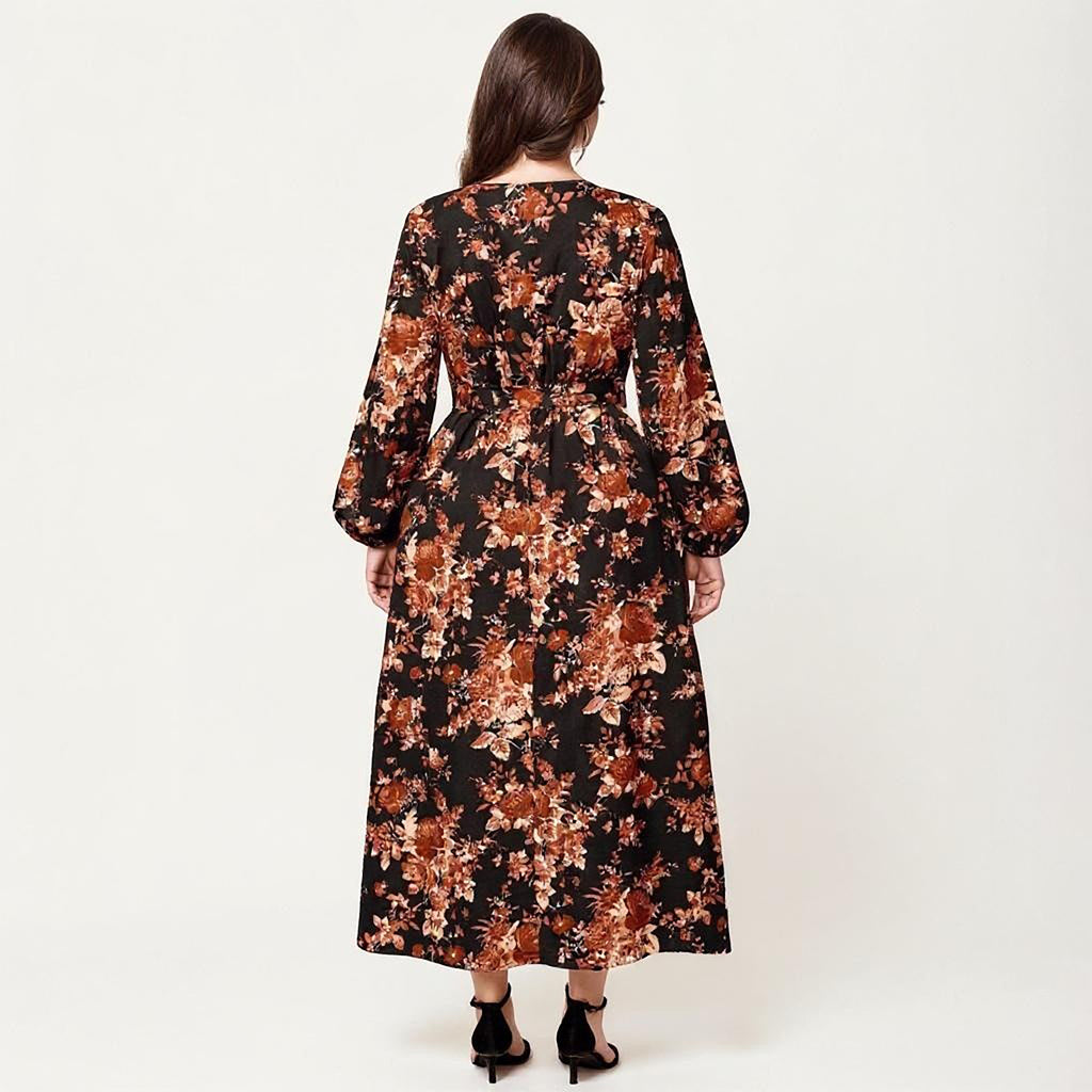 Anna-Kaci Women's Plus Size Long Sleeve Floral Maxi Dress with V Neck Wrap Front Waist Tie Flowy Skirt