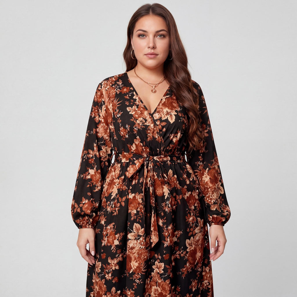 Anna-Kaci Women's Plus Size Long Sleeve Floral Maxi Dress with V Neck Wrap Front Waist Tie Flowy Skirt