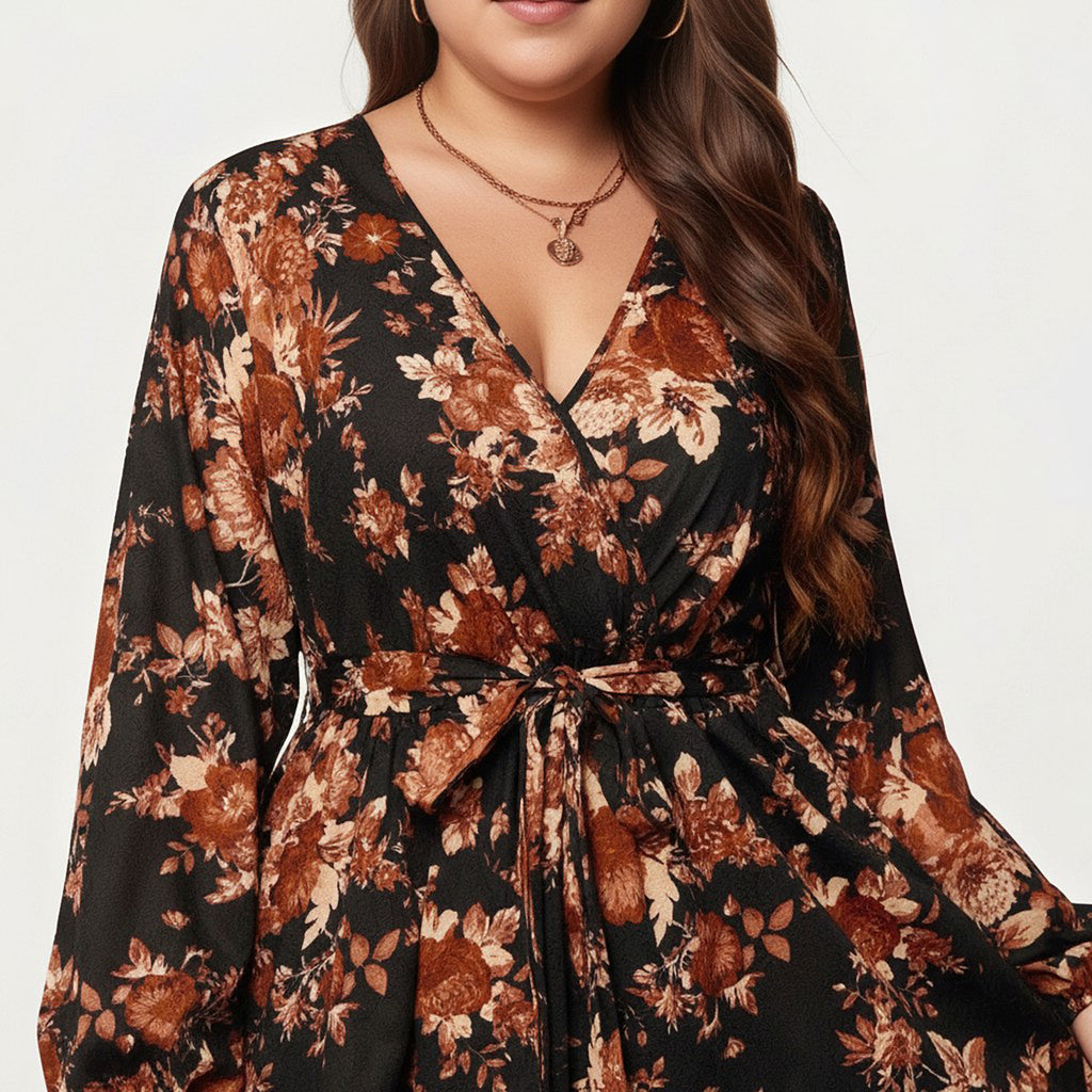 Anna-Kaci Women's Plus Size Long Sleeve Floral Maxi Dress with V Neck Wrap Front Waist Tie Flowy Skirt