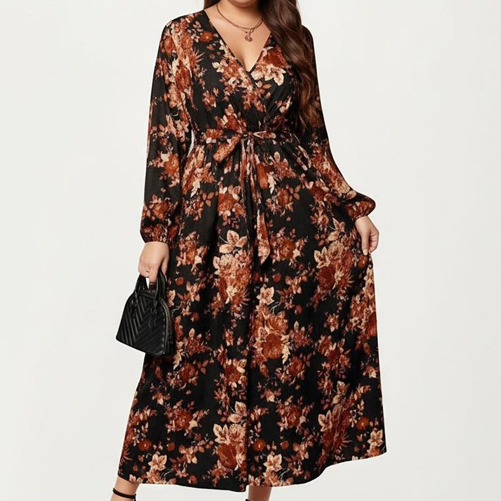 Anna-Kaci Women's Plus Size Long Sleeve Floral Maxi Dress with V Neck Wrap Front Waist Tie Flowy Skirt