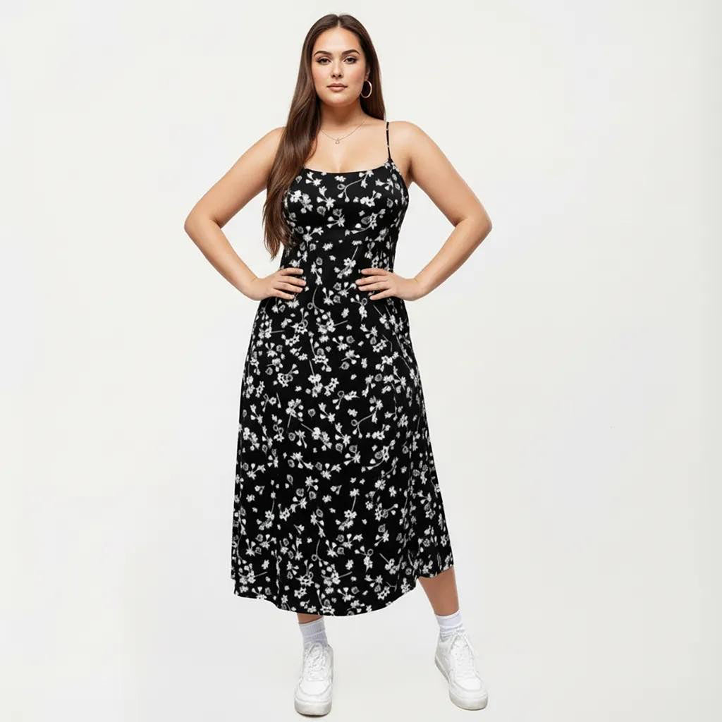 Anna-Kaci Women's Plus Size Floral Print Midi Dress with Spaghetti Straps Square Neck Fitted Bodice Skirt
