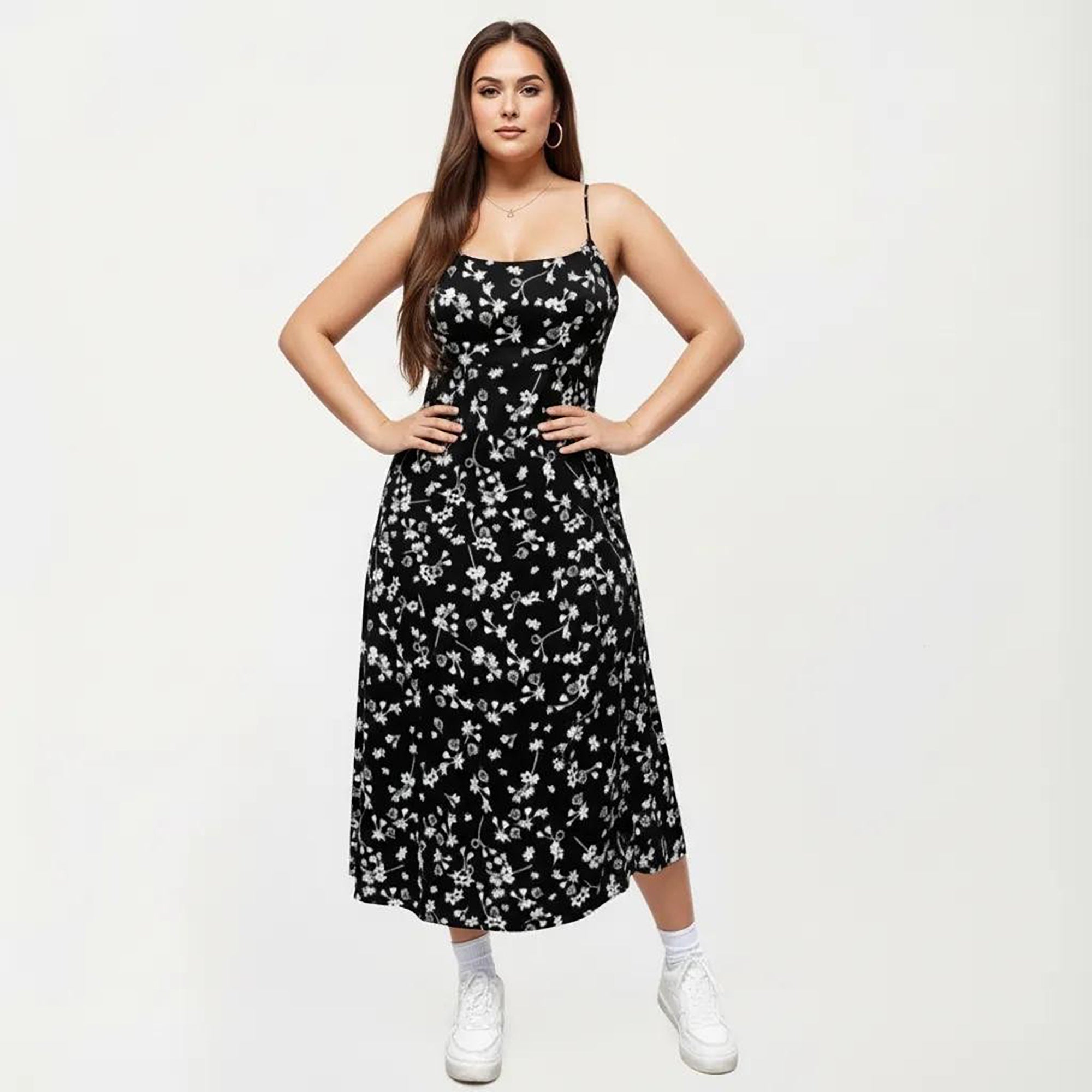 Anna-Kaci Women's Plus Size Floral Print Midi Dress with Spaghetti Straps Square Neck Fitted Bodice Skirt