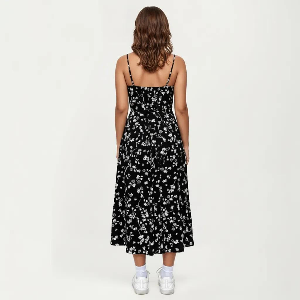 Anna-Kaci Women's Plus Size Floral Print Midi Dress with Spaghetti Straps Square Neck Fitted Bodice Skirt