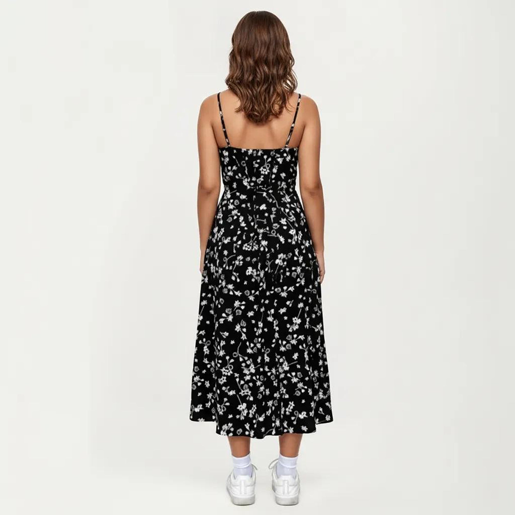 Anna-Kaci Women's Plus Size Floral Print Midi Dress with Spaghetti Straps Square Neck Fitted Bodice Skirt