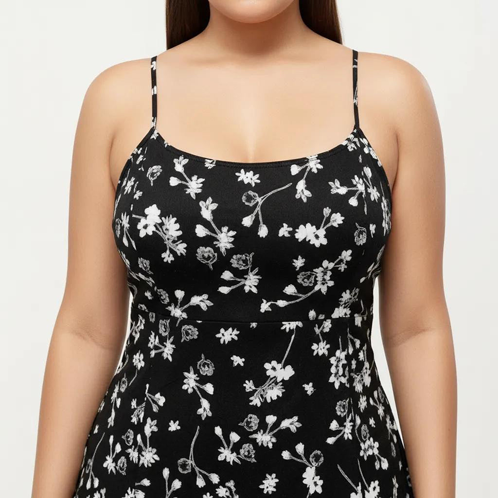 Anna-Kaci Women's Plus Size Floral Print Midi Dress with Spaghetti Straps Square Neck Fitted Bodice Skirt