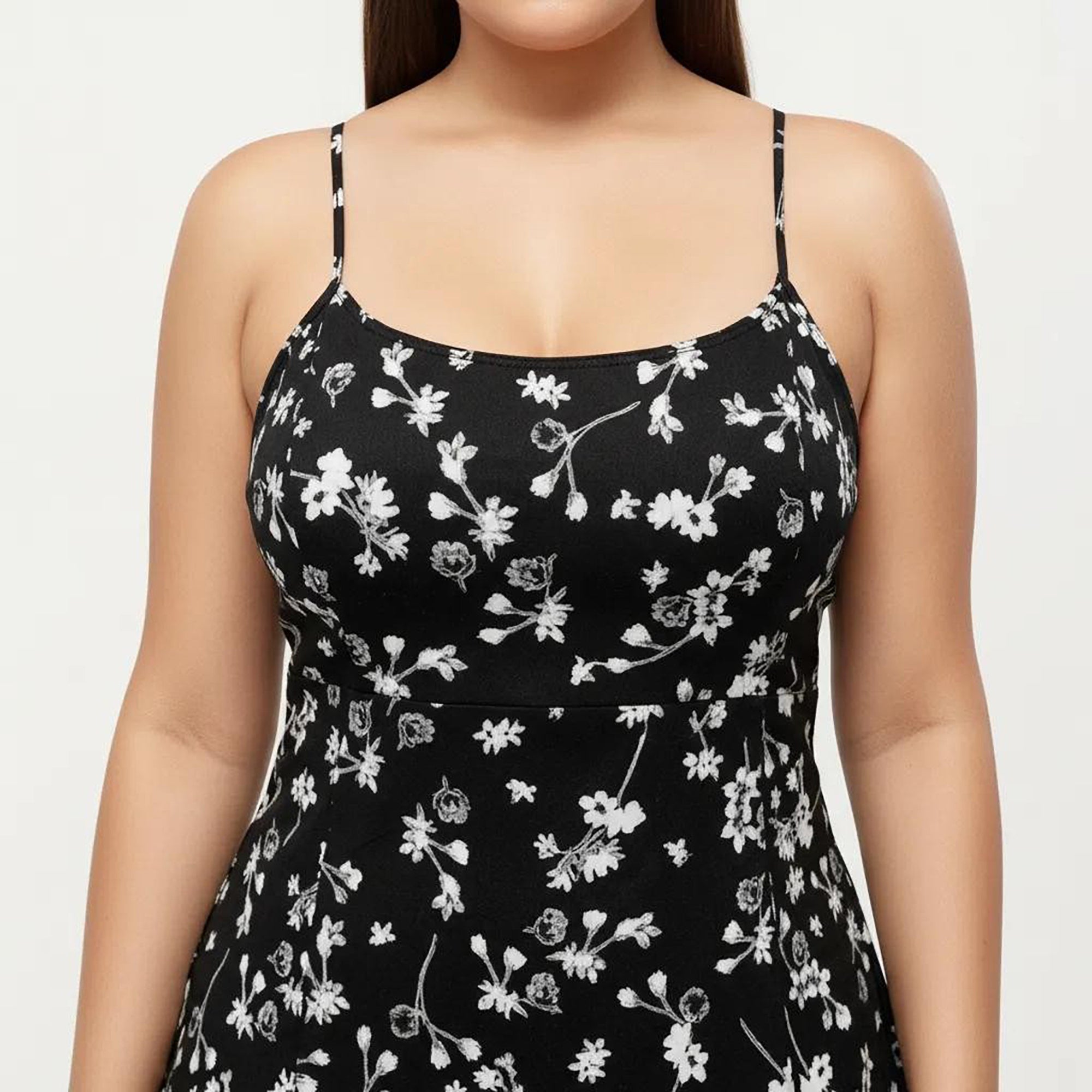 Anna-Kaci Women's Plus Size Floral Print Midi Dress with Spaghetti Straps Square Neck Fitted Bodice Skirt