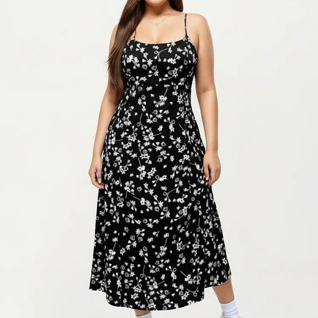 Anna-Kaci Women's Plus Size Floral Print Midi Dress with Spaghetti Straps Square Neck Fitted Bodice Skirt