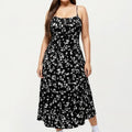 Anna-Kaci Women's Plus Size Floral Print Midi Dress with Spaghetti Straps Square Neck Fitted Bodice Skirt