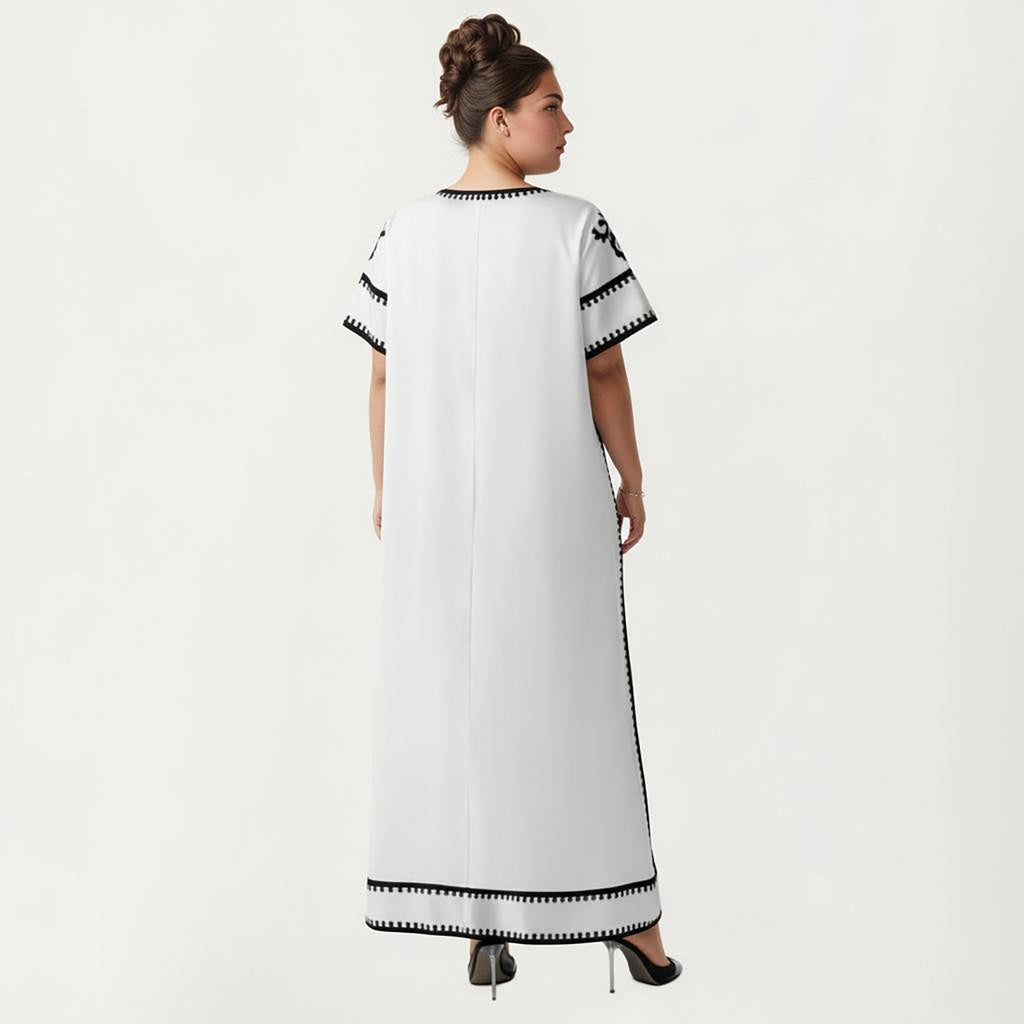 Anna-Kaci Women's Plus Size Short Sleeve Maxi Dress with V Neck Contrast Embroidery Detail A Line Silhouette