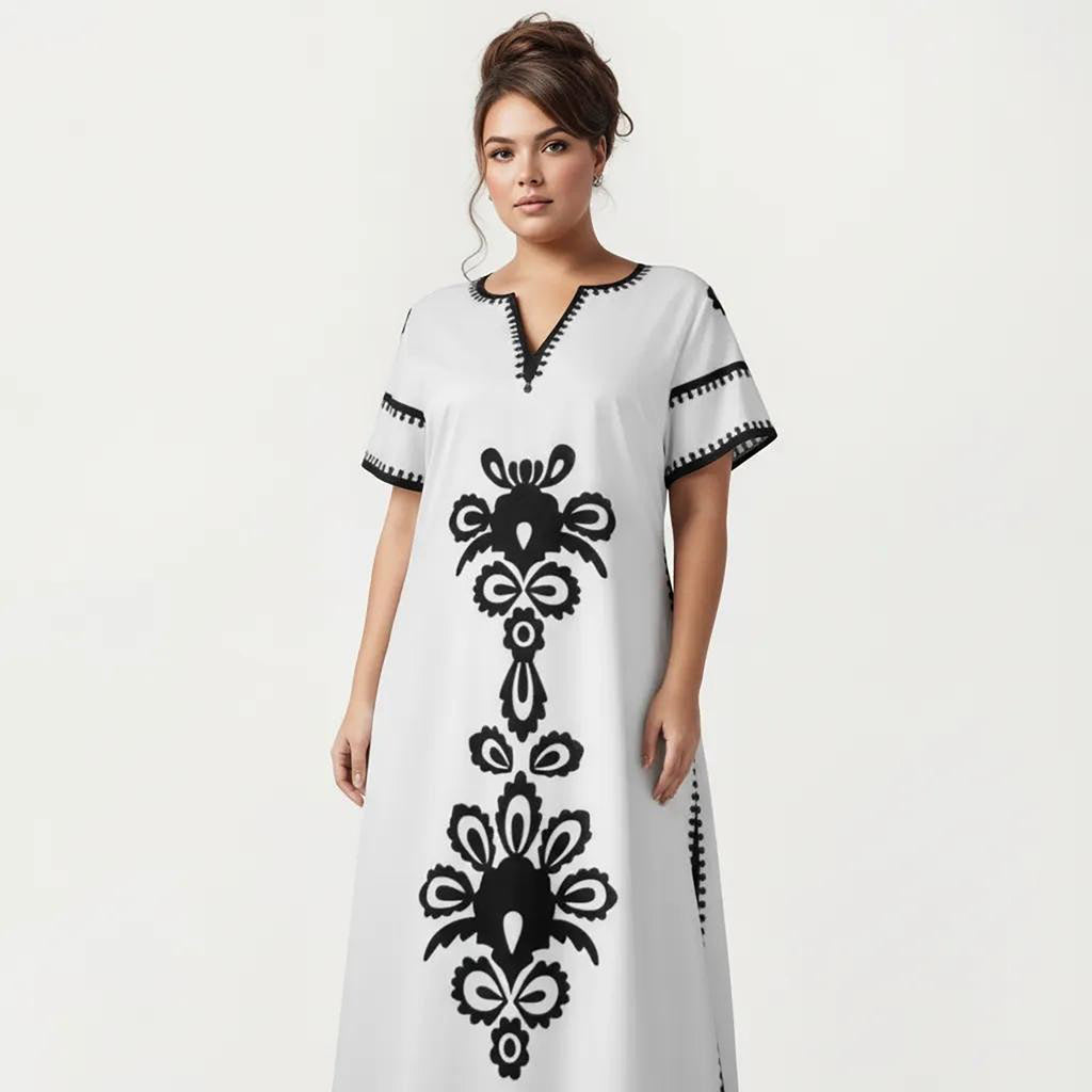 Anna-Kaci Women's Plus Size Short Sleeve Maxi Dress with V Neck Contrast Embroidery Detail A Line Silhouette