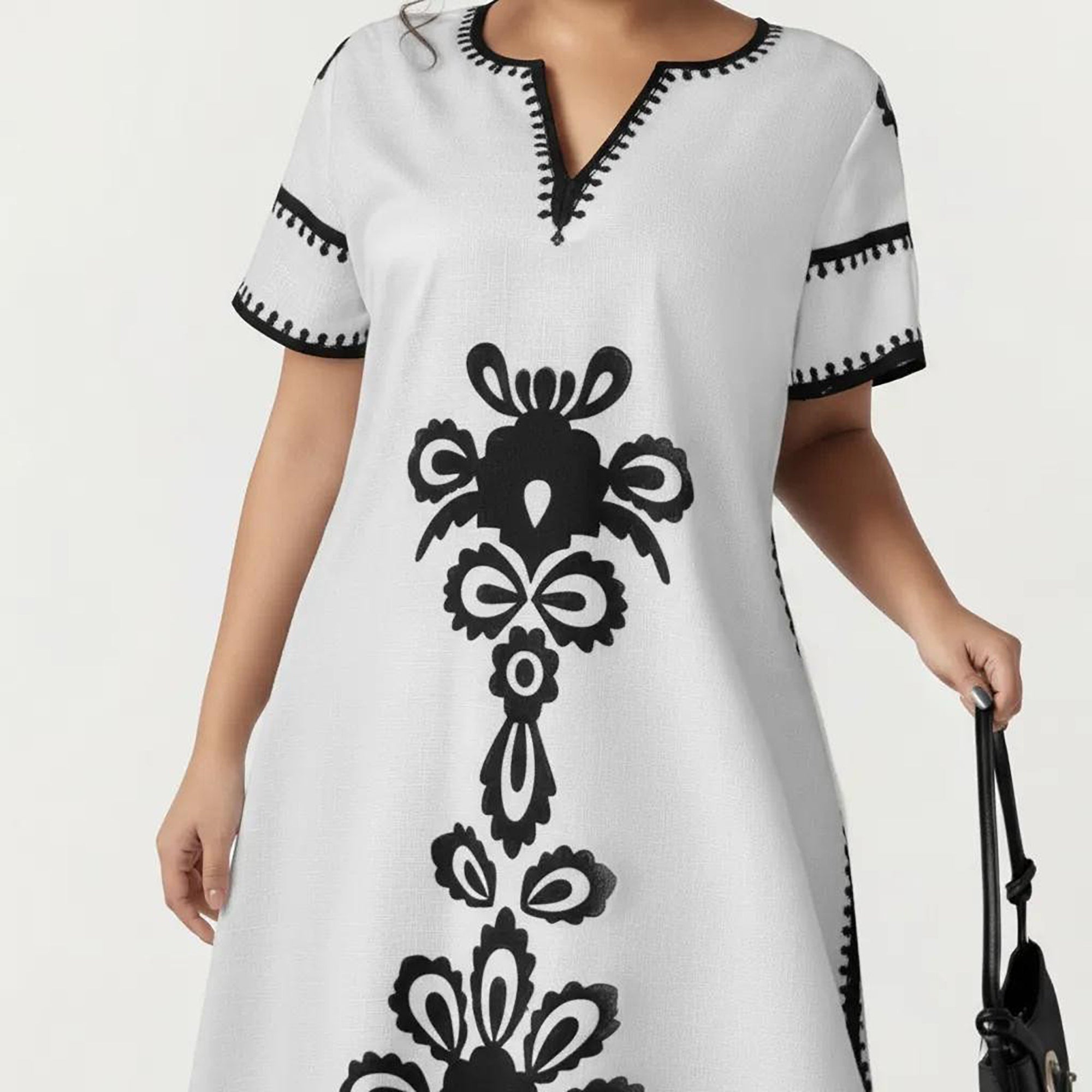 Anna-Kaci Women's Plus Size Short Sleeve Maxi Dress with V Neck Contrast Embroidery Detail A Line Silhouette
