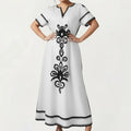 Anna-Kaci Women's Plus Size Short Sleeve Maxi Dress with V Neck Contrast Embroidery Detail A Line Silhouette