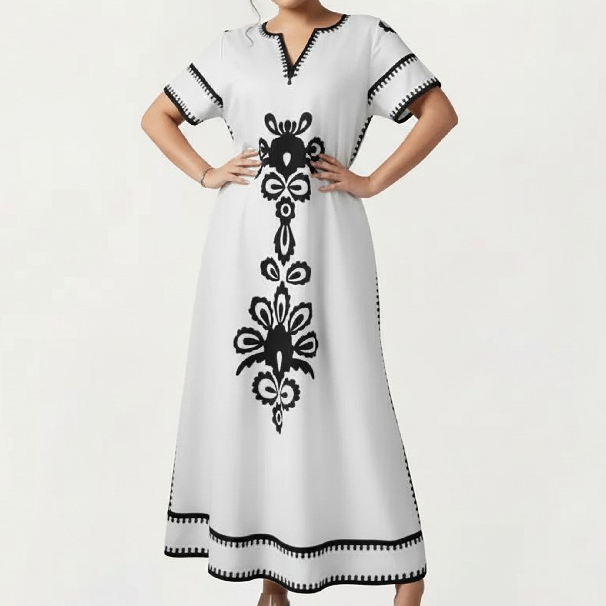 Anna-Kaci Women's Plus Size Short Sleeve Maxi Dress with V Neck Contrast Embroidery Detail A Line Silhouette