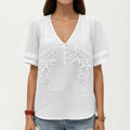 Anna-Kaci Short Sleeve Blouse with V Neck Button Front Floral Embroidery Textured Casual Top