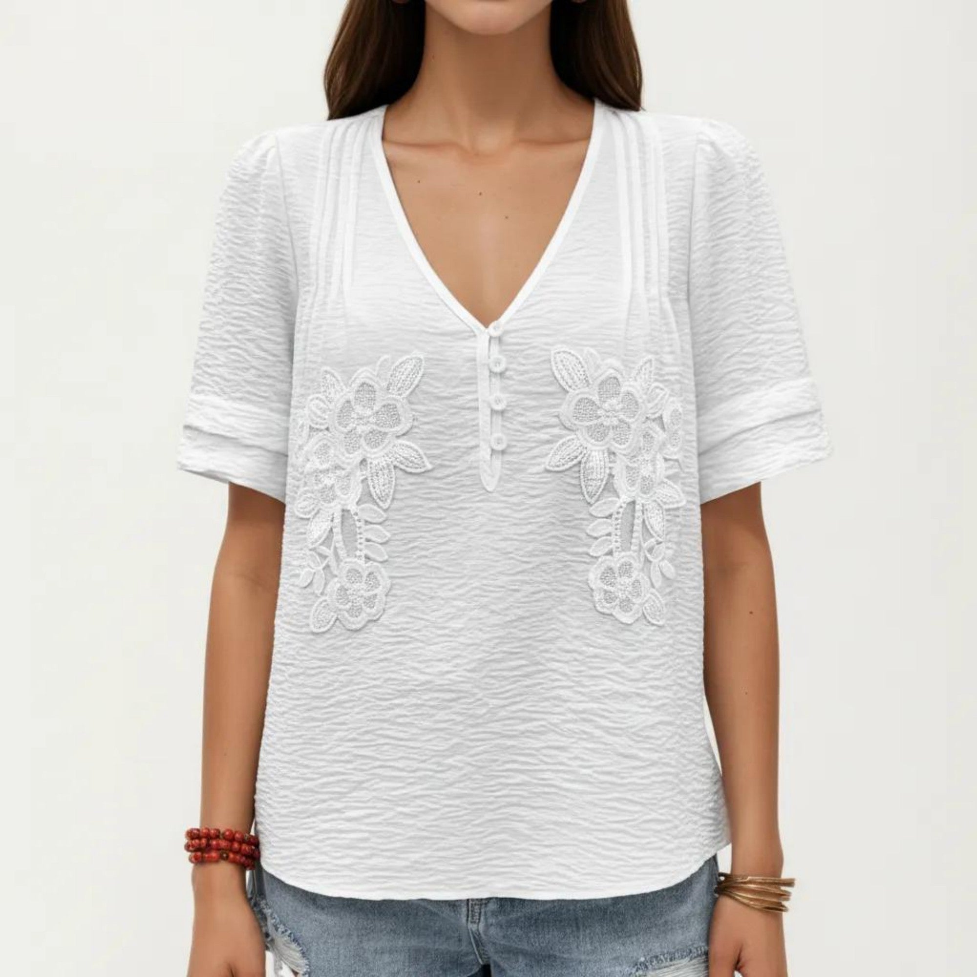 Anna-Kaci Short Sleeve Blouse with V Neck Button Front Floral Embroidery Textured Casual Top