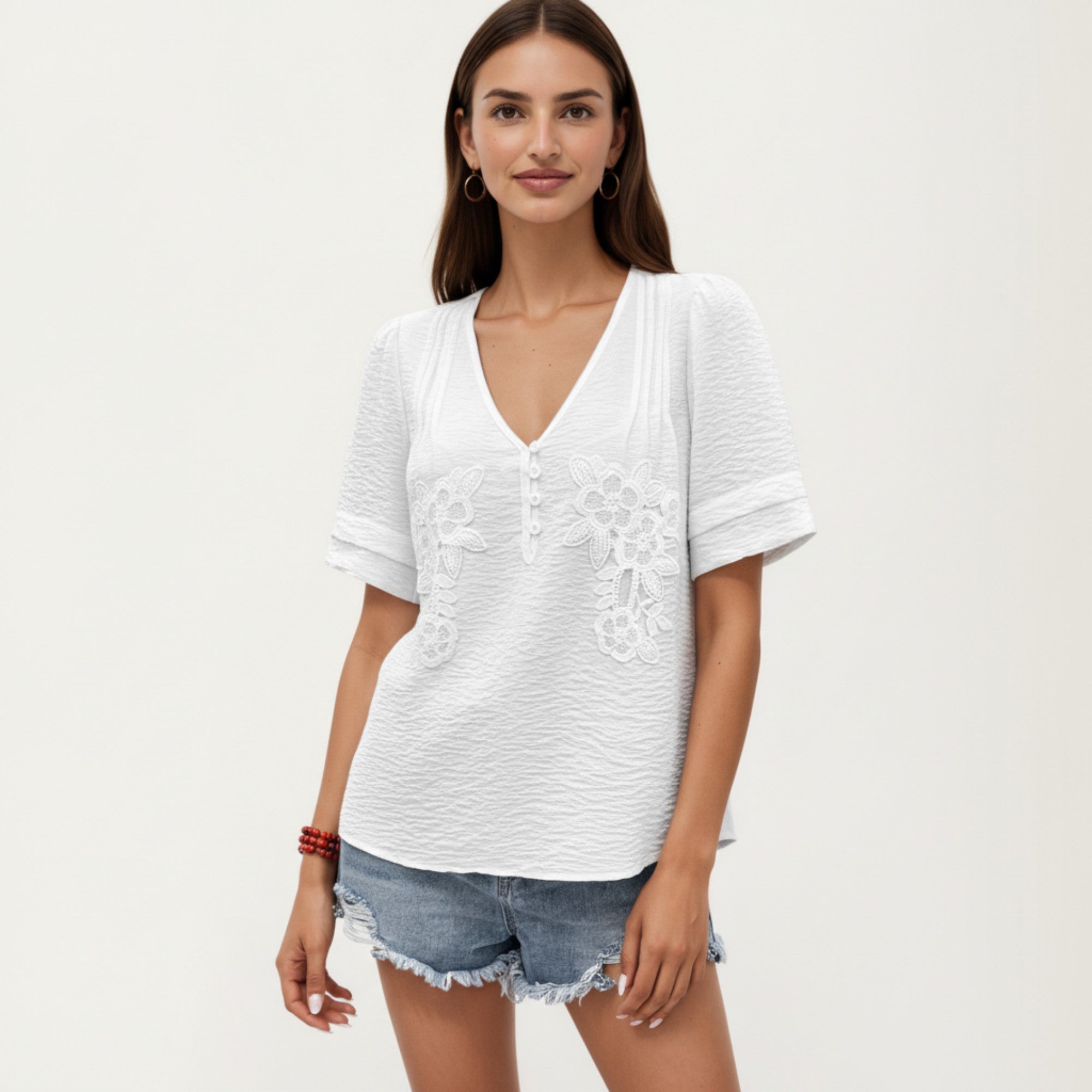 Anna-Kaci Short Sleeve Blouse with V Neck Button Front Floral Embroidery Textured Casual Top