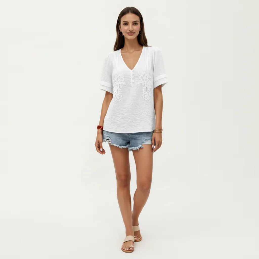 Anna-Kaci Short Sleeve Blouse with V Neck Button Front Floral Embroidery Textured Casual Top