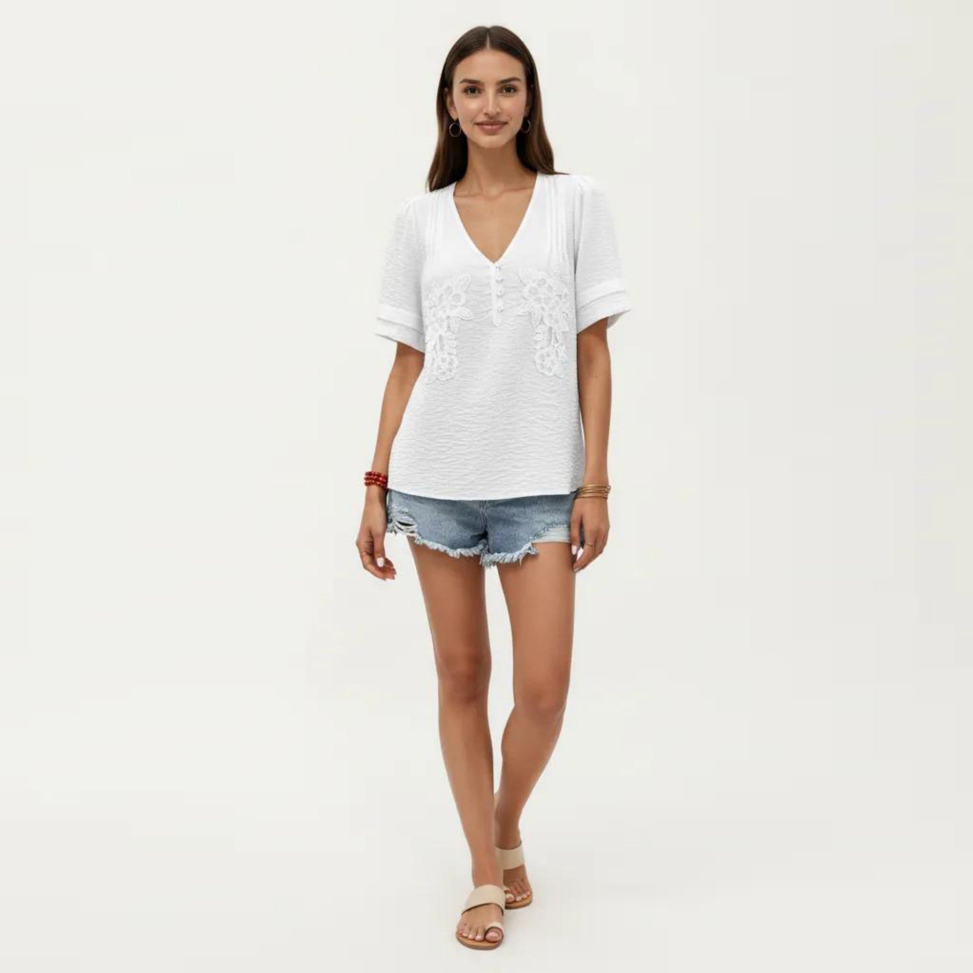 Anna-Kaci Short Sleeve Blouse with V Neck Button Front Floral Embroidery Textured Casual Top