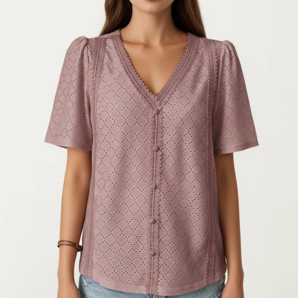 Anna-Kaci Short Sleeve Eyelet Blouse with V Neck Button Front Lace Trim Textured Shirt Top