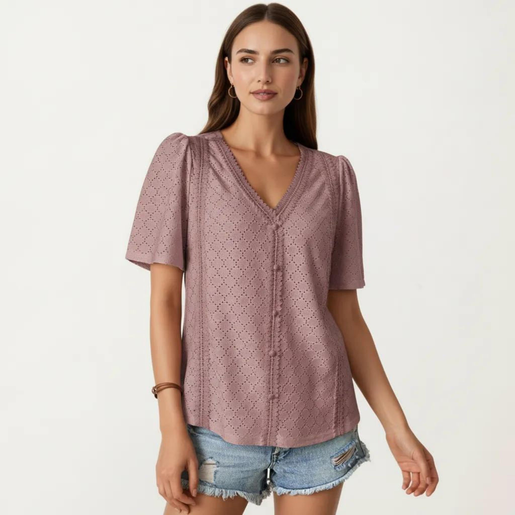 Anna-Kaci Short Sleeve Eyelet Blouse with V Neck Button Front Lace Trim Textured Shirt Top