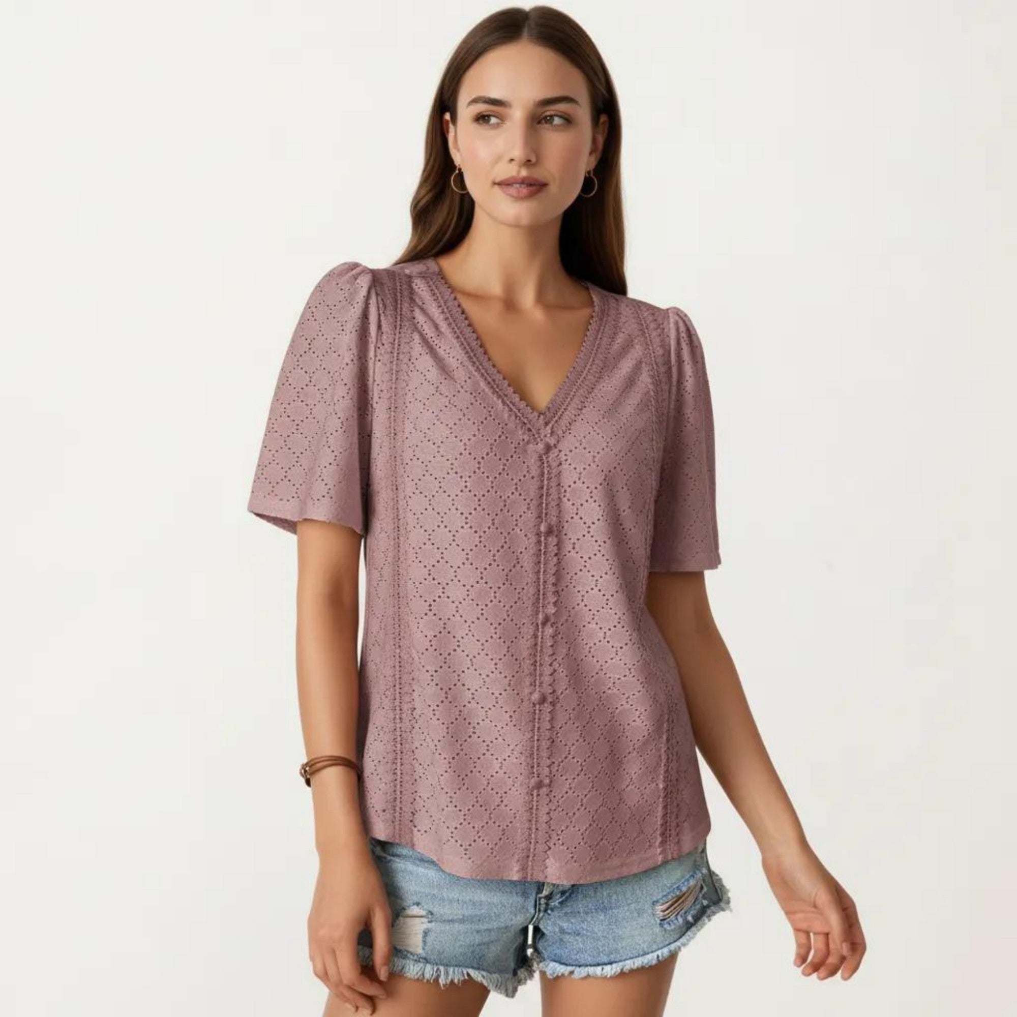 Anna-Kaci Short Sleeve Eyelet Blouse with V Neck Button Front Lace Trim Textured Shirt Top