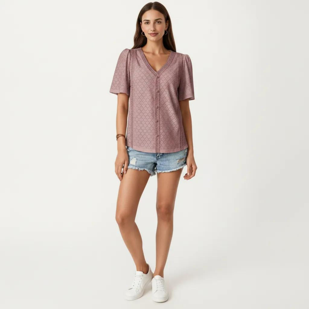 Anna-Kaci Short Sleeve Eyelet Blouse with V Neck Button Front Lace Trim Textured Shirt Top