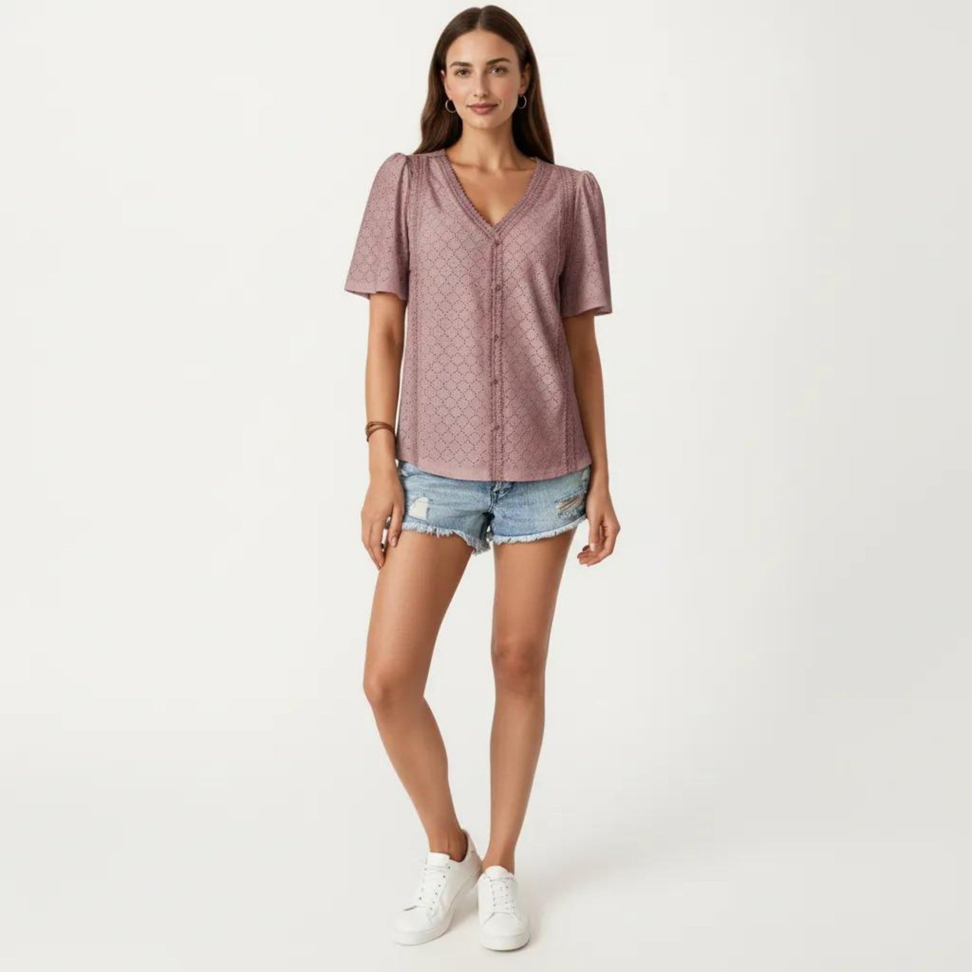Anna-Kaci Short Sleeve Eyelet Blouse with V Neck Button Front Lace Trim Textured Shirt Top