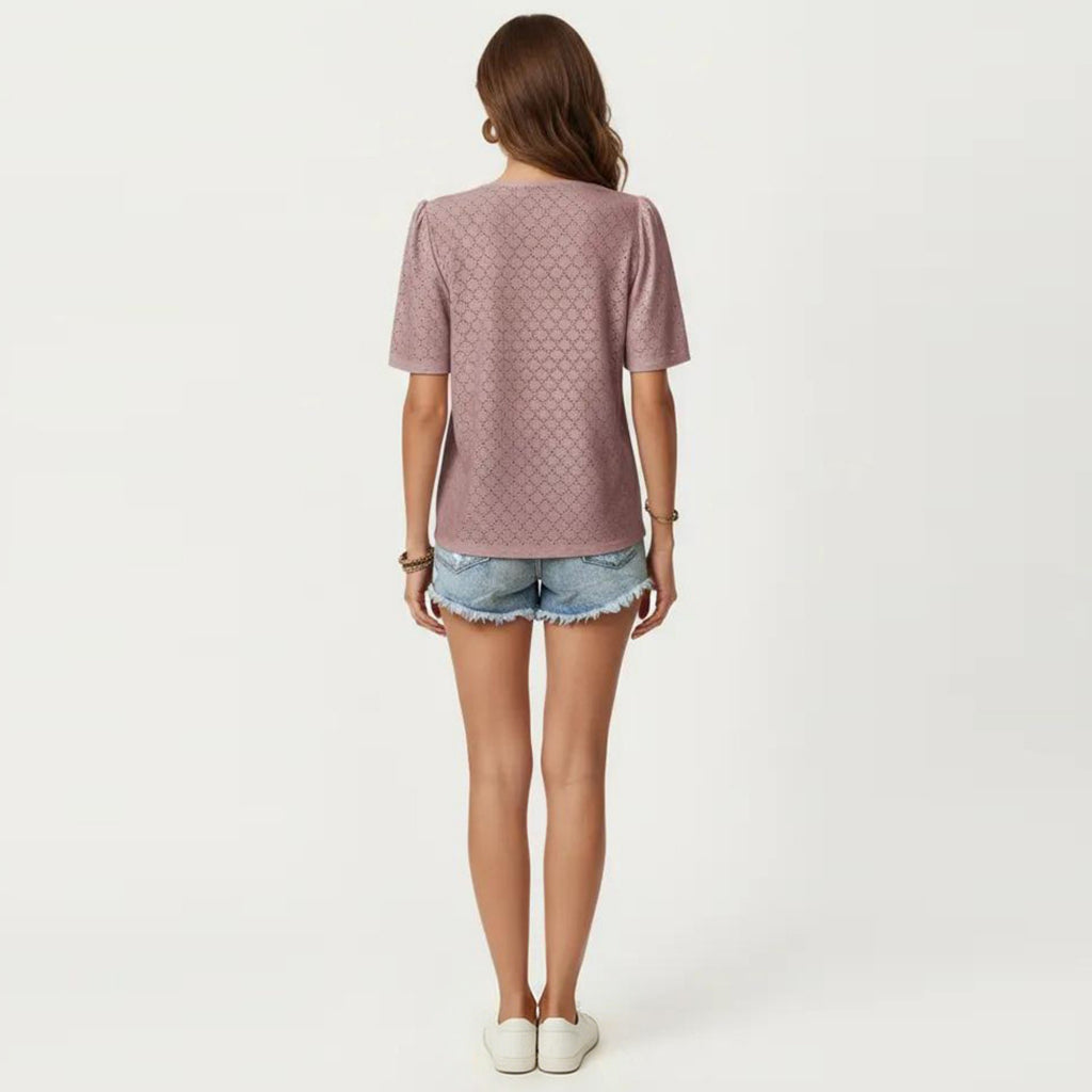 Anna-Kaci Short Sleeve Eyelet Blouse with V Neck Button Front Lace Trim Textured Shirt Top