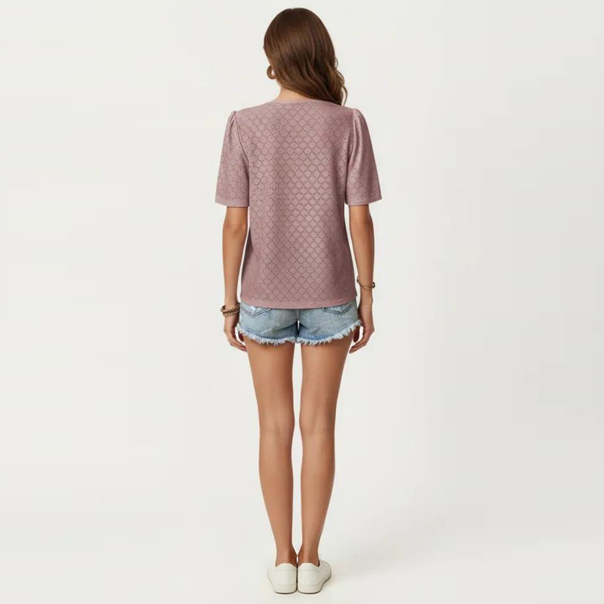 Anna-Kaci Short Sleeve Eyelet Blouse with V Neck Button Front Lace Trim Textured Shirt Top