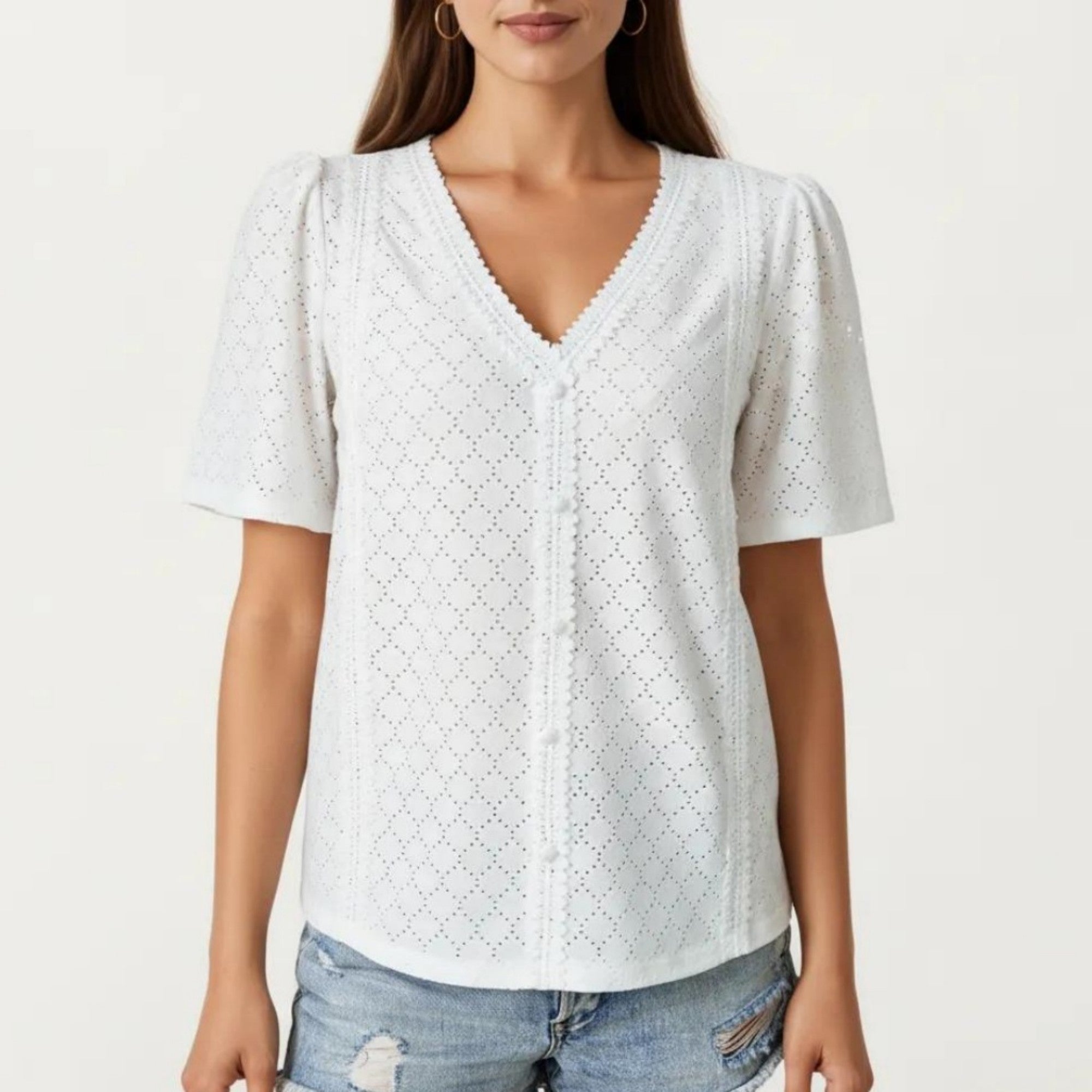 Anna-Kaci Short Sleeve Eyelet Blouse with V Neck Button Front Lace Trim Textured Shirt Top