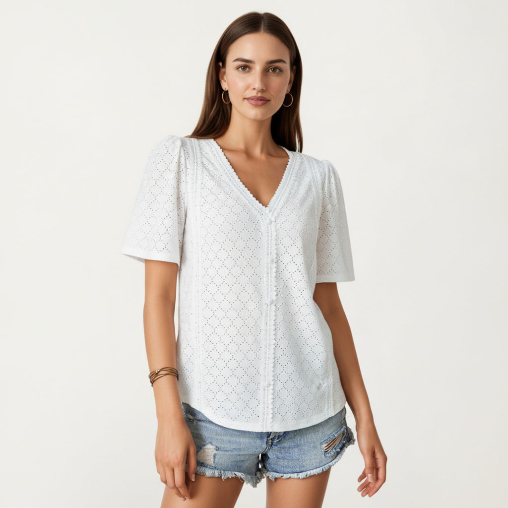 Anna-Kaci Short Sleeve Eyelet Blouse with V Neck Button Front Lace Trim Textured Shirt Top