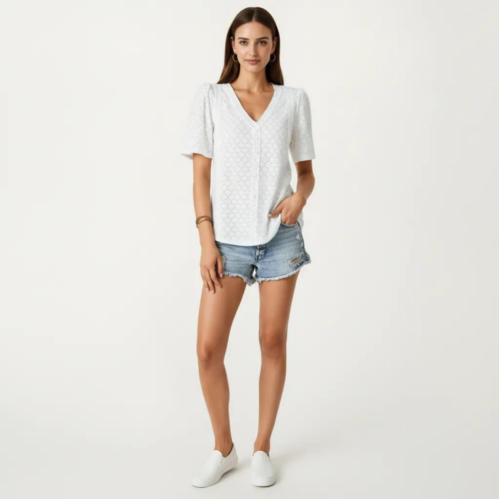 Anna-Kaci Short Sleeve Eyelet Blouse with V Neck Button Front Lace Trim Textured Shirt Top