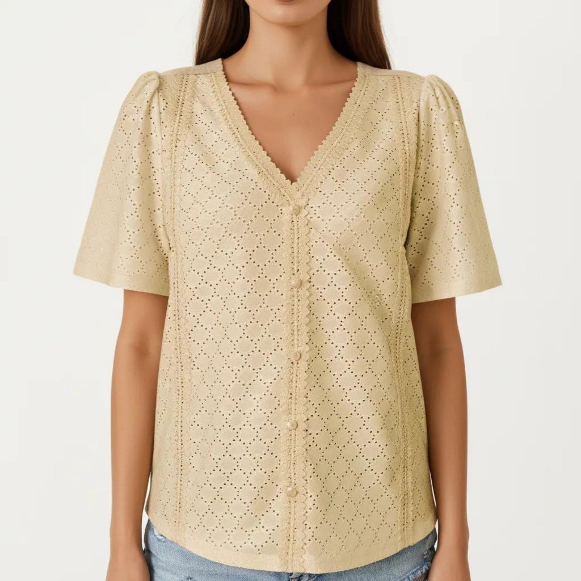 Anna-Kaci Short Sleeve Eyelet Blouse with V Neck Button Front Lace Trim Textured Shirt Top