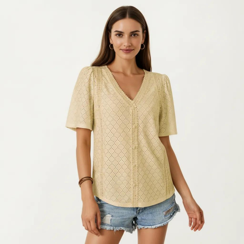 Anna-Kaci Short Sleeve Eyelet Blouse with V Neck Button Front Lace Trim Textured Shirt Top