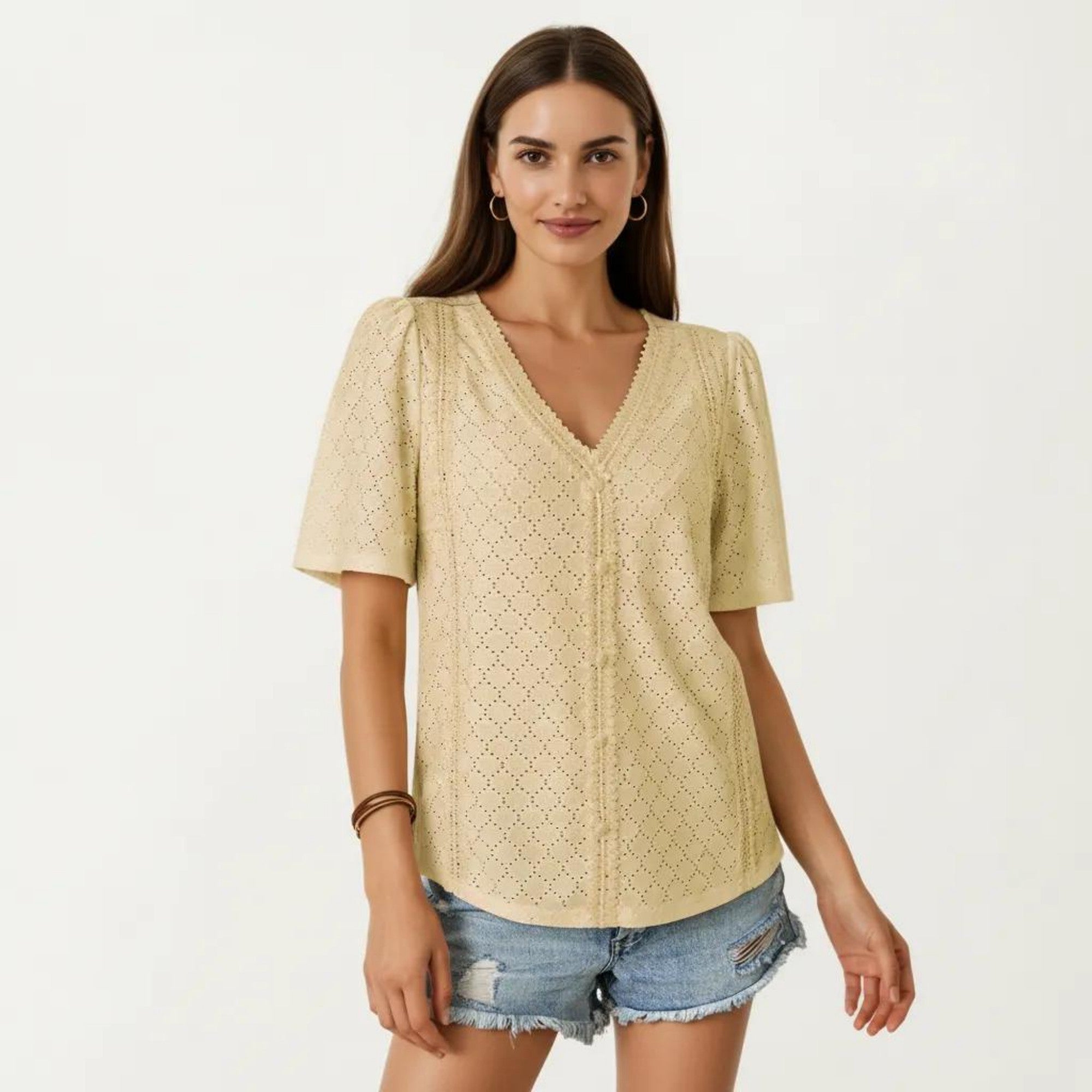 Anna-Kaci Short Sleeve Eyelet Blouse with V Neck Button Front Lace Trim Textured Shirt Top