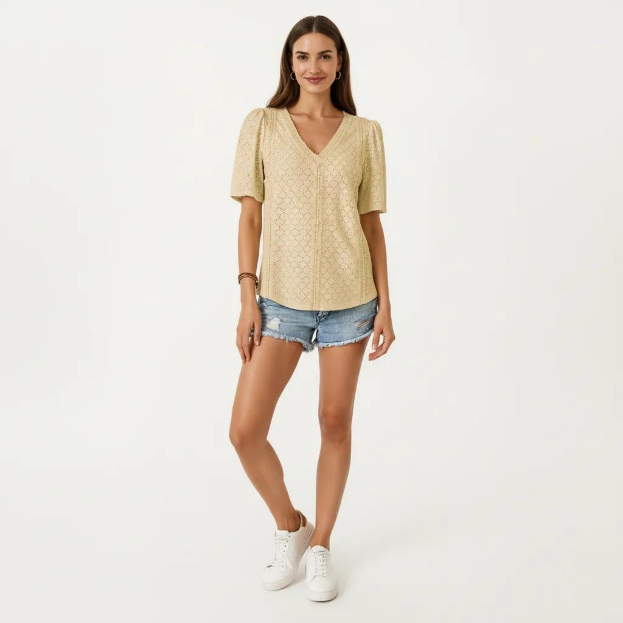 Anna-Kaci Short Sleeve Eyelet Blouse with V Neck Button Front Lace Trim Textured Shirt Top