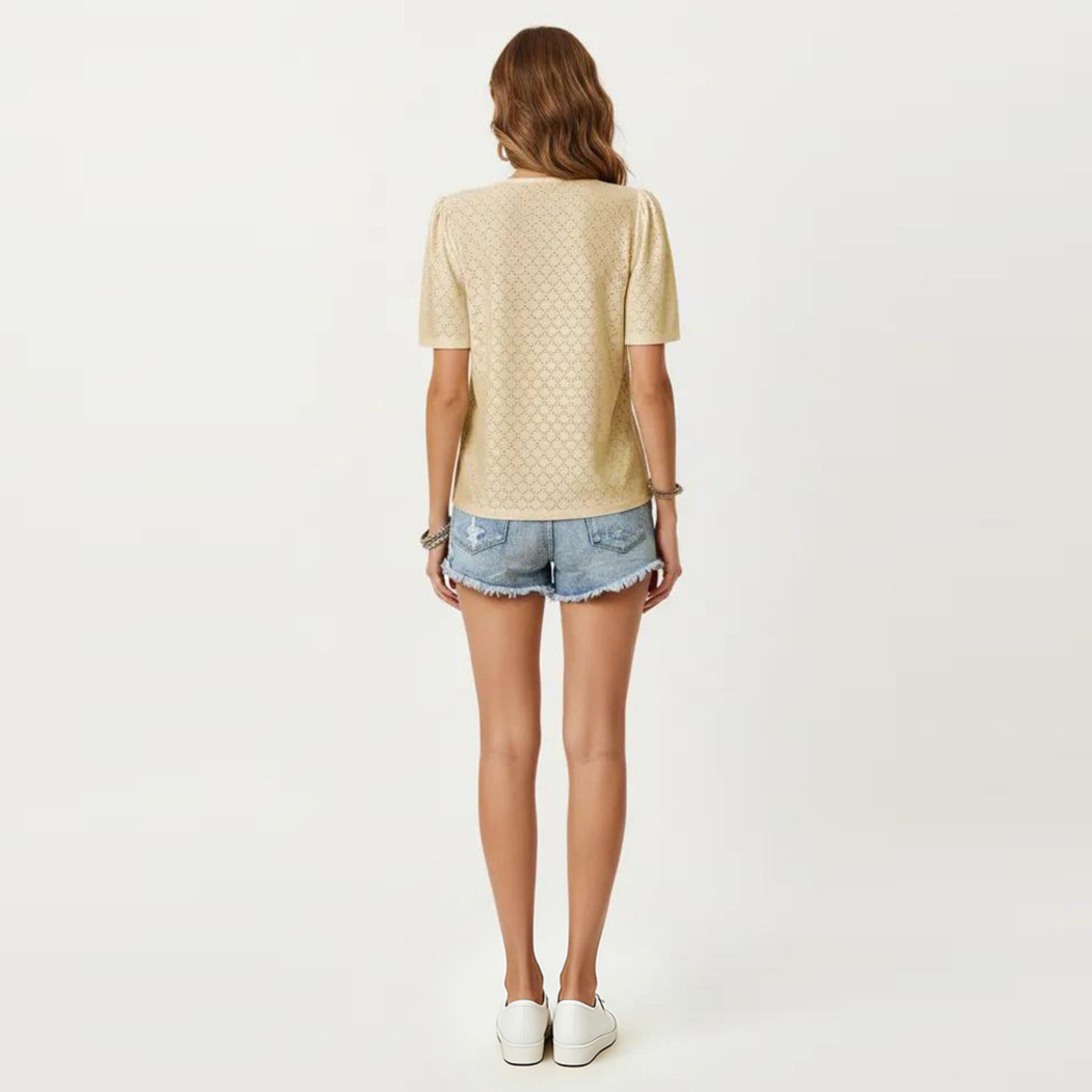Anna-Kaci Short Sleeve Eyelet Blouse with V Neck Button Front Lace Trim Textured Shirt Top