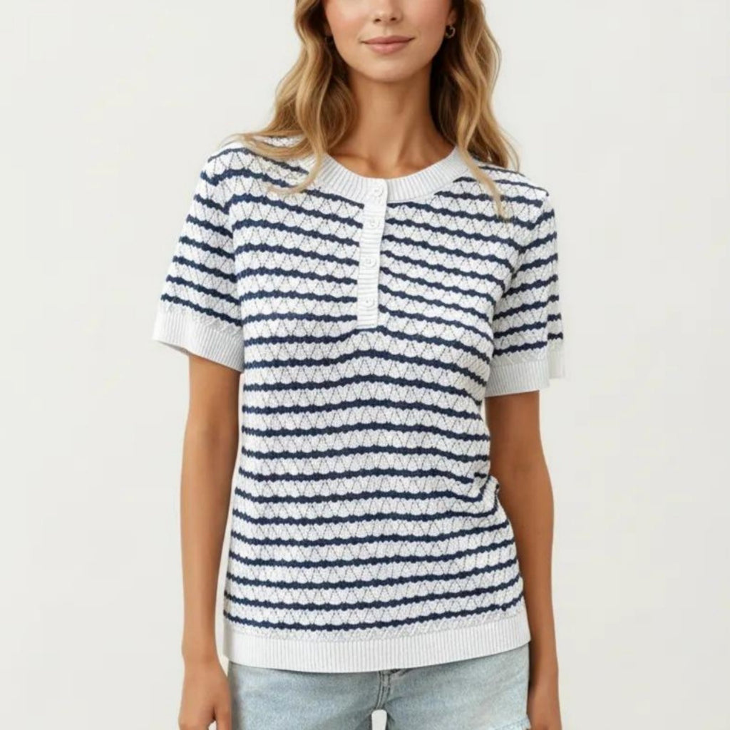 Anna-Kaci Short Sleeve Knit Top with Button Front Crew Neck Striped Textured Sweater Tee