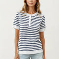 Anna-Kaci Short Sleeve Knit Top with Button Front Crew Neck Striped Textured Sweater Tee