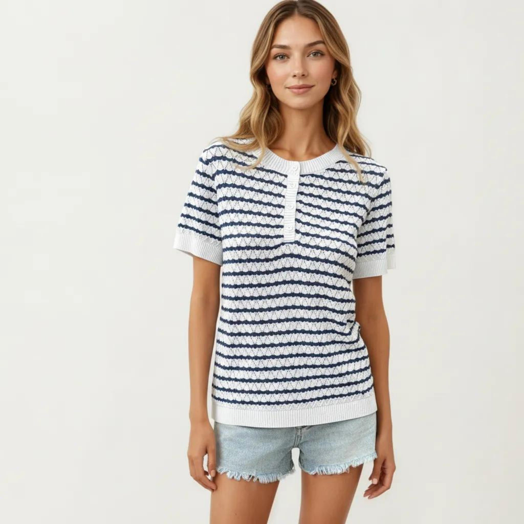 Anna-Kaci Short Sleeve Knit Top with Button Front Crew Neck Striped Textured Sweater Tee
