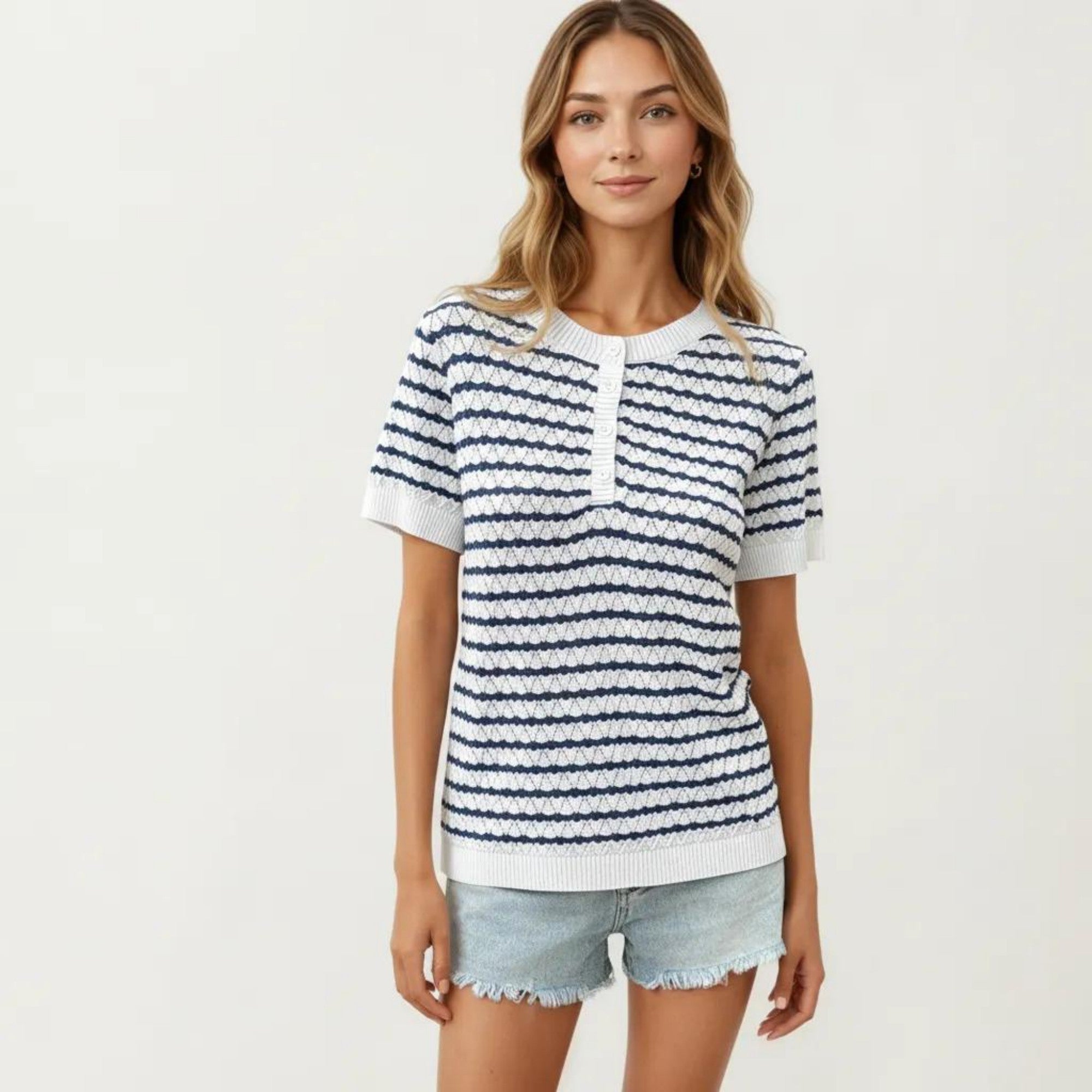 Anna-Kaci Short Sleeve Knit Top with Button Front Crew Neck Striped Textured Sweater Tee