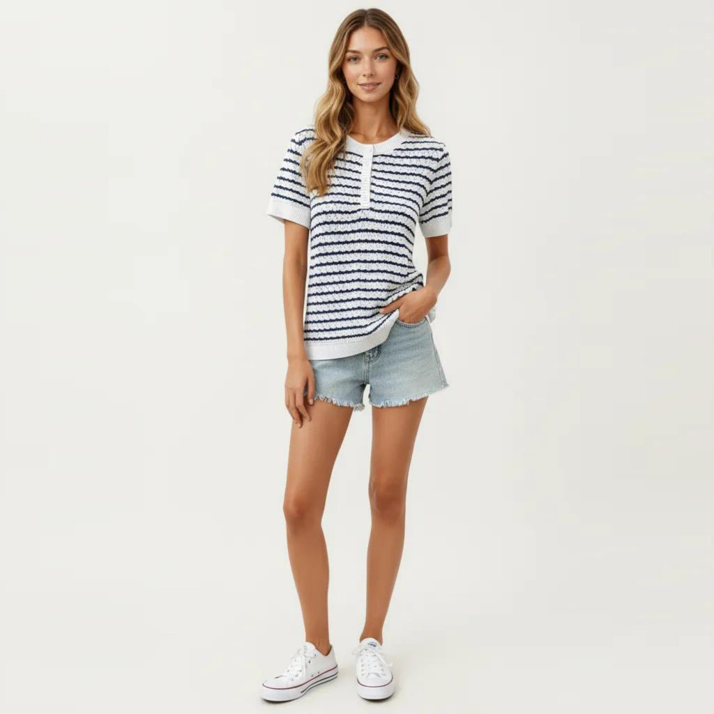Anna-Kaci Short Sleeve Knit Top with Button Front Crew Neck Striped Textured Sweater Tee