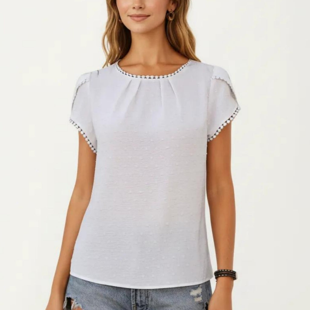 Anna-Kaci Short Sleeve Blouse with Pom Trim Round Neck Textured Fabric Loose Fit Casual Top