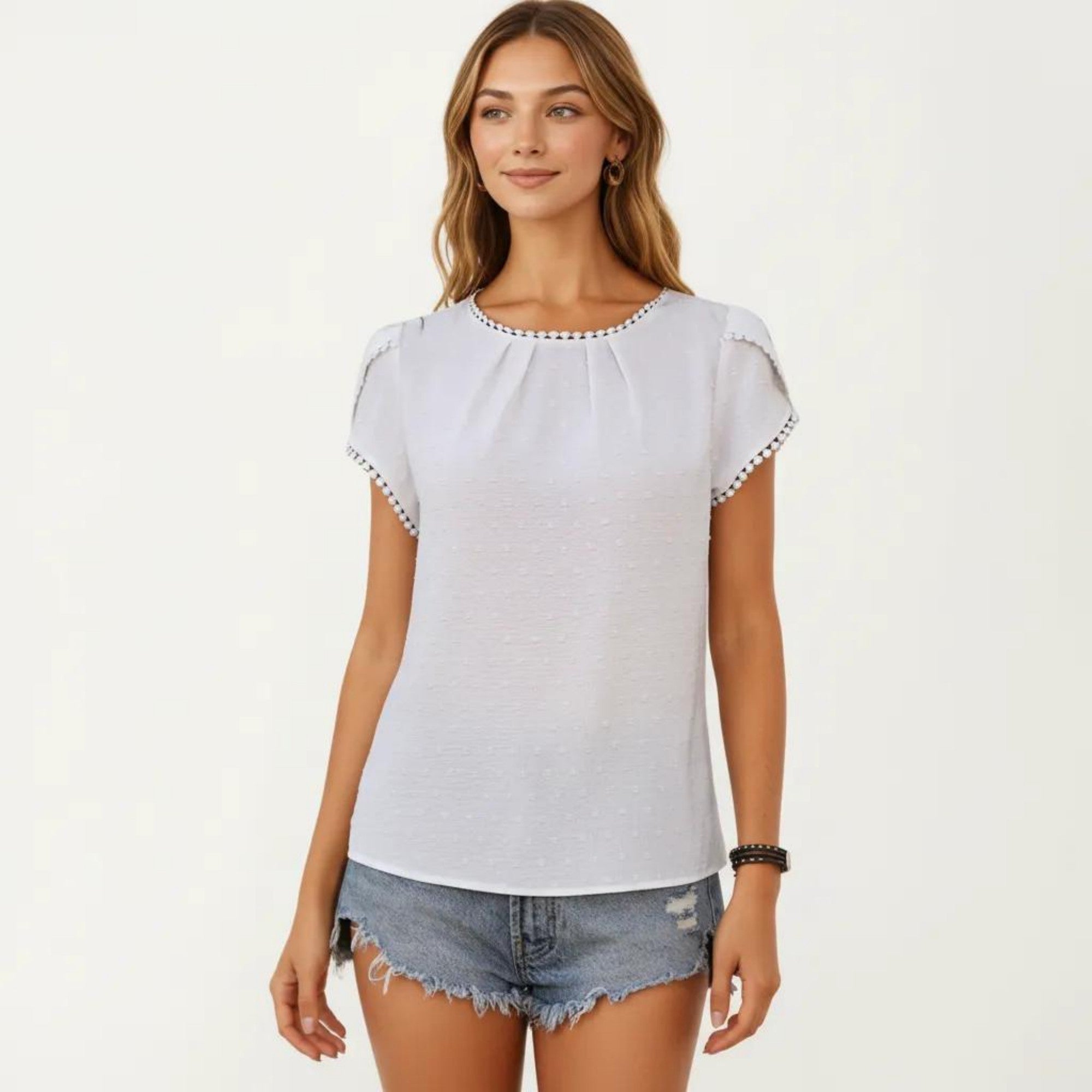 Anna-Kaci Short Sleeve Blouse with Pom Trim Round Neck Textured Fabric Loose Fit Casual Top