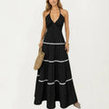Anna-Kaci Sleeveless Halter Neck Maxi Dress with Pleated Fabric Contrast Trim Detail and Tiered Flowy Design