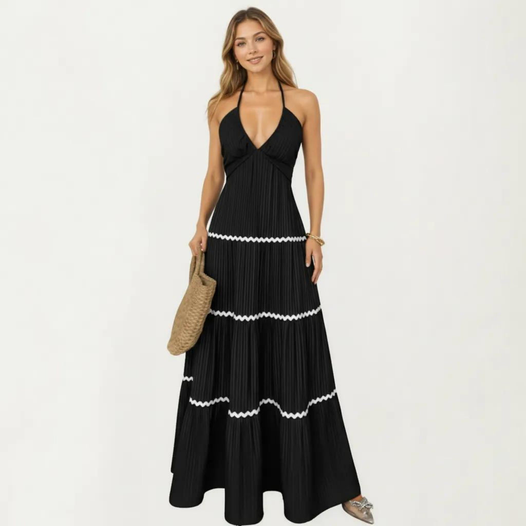 Anna-Kaci Sleeveless Halter Neck Maxi Dress with Pleated Fabric Contrast Trim Detail and Tiered Flowy Design