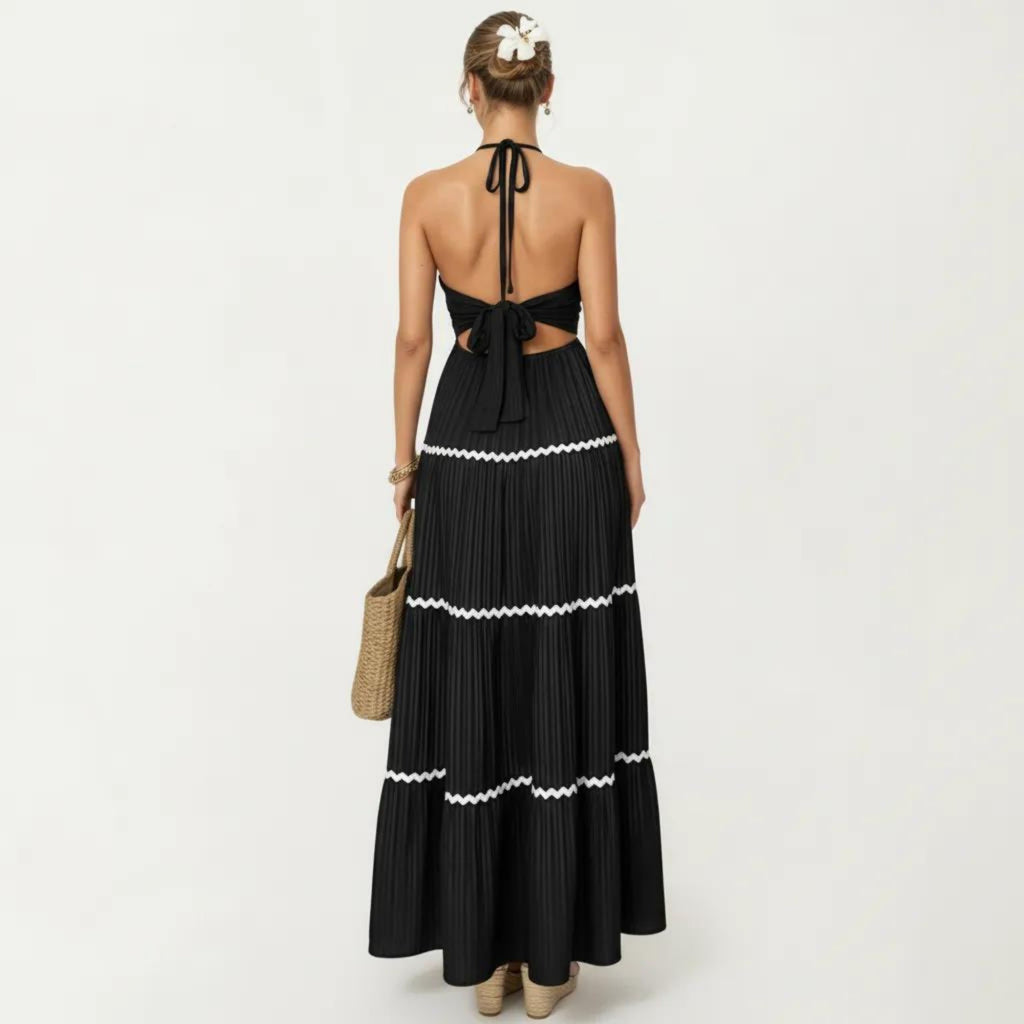 Anna-Kaci Sleeveless Halter Neck Maxi Dress with Pleated Fabric Contrast Trim Detail and Tiered Flowy Design