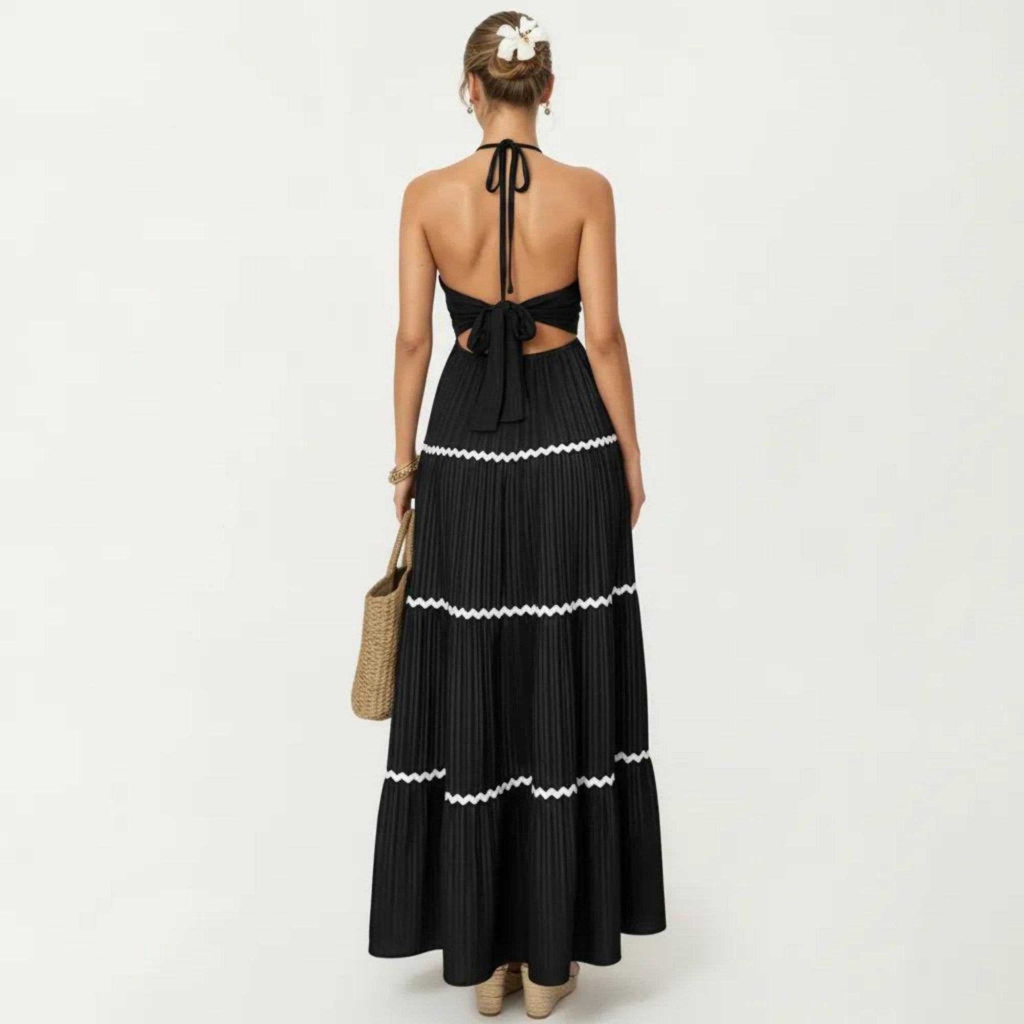 Anna-Kaci Sleeveless Halter Neck Maxi Dress with Pleated Fabric Contrast Trim Detail and Tiered Flowy Design